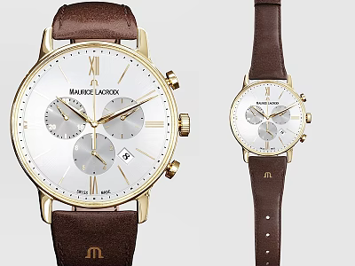 MAURICE LACROIX Elegant Watches With Gold Case White Dial Brown Leather Strap Roman Numerals 3d model
