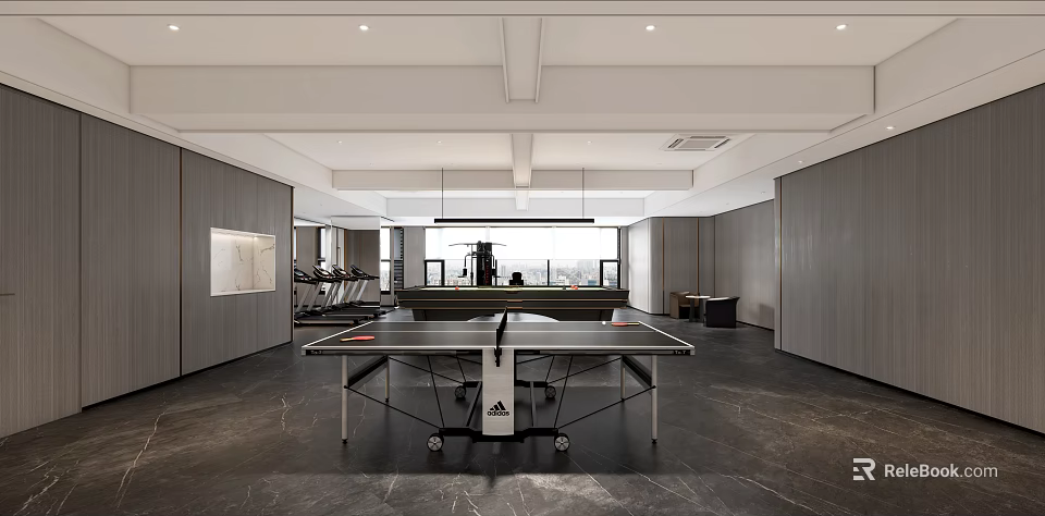 Spacious Modern Indoor Sports Fitness Area With Table Tennis Table And Fitness Equipment 3d model 