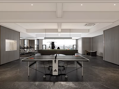 Spacious Modern Indoor Sports Fitness Area With Table Tennis Table And Fitness Equipment 3d model