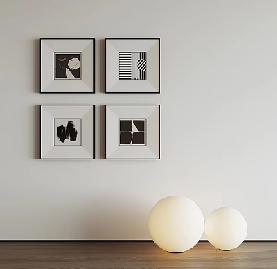 Four Framed Abstract Paintings With Geometric Patterns Hanging On White Wall 3d model