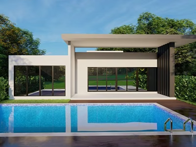 Modern Detached Villa Exterior Featuring Swimming Pool Large Glass Windows Green Trees And Lawn 3d model