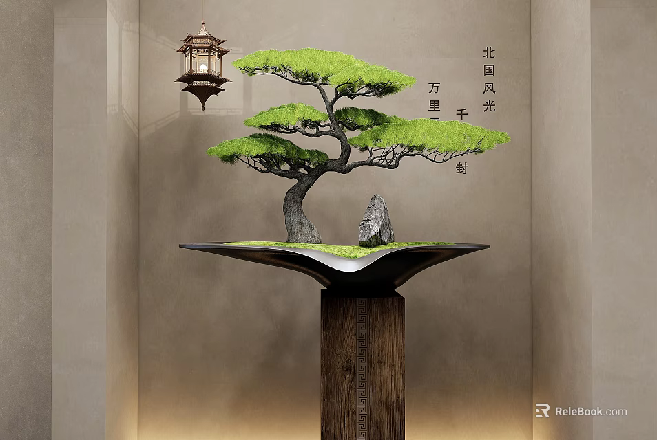 Elegant Pine Bonsai Tree Display On Wooden Stand With Decorative Lantern 3d model