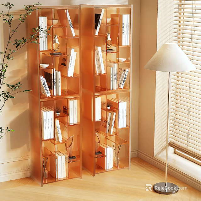 Modern Wooden Shelving Unit With Books Decorations Floor Lamp And Natural Light 3d model 