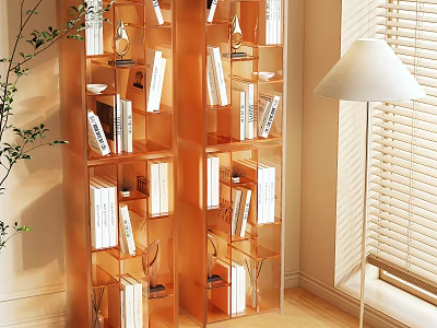 Modern Wooden Shelving Unit With Books Decorations Floor Lamp And Natural Light 3d model