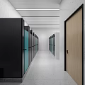 Modern Public Restroom Interior With Stalls Doors And Ceiling Lighting
