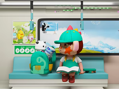 Subway Car Interior With Cartoon Character Reading Book And Decorations 3d model