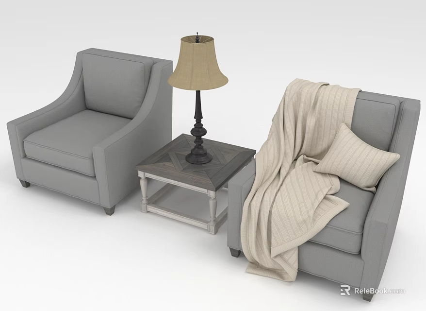 Stylish Gray Armchairs With Small Coffee Table Table Lamp Beige Blanket And Pillow 3d model 
