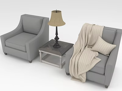 Stylish Gray Armchairs With Small Coffee Table Table Lamp Beige Blanket And Pillow 3d model