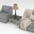 Stylish Gray Armchairs With Small Coffee Table Table Lamp Beige Blanket And Pillow
