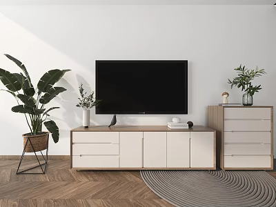 Modern TV Stand Interior With White Cabinets Drawers Plants And Flat Screen TV 3d model
