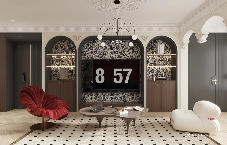 Modern Stylish Living Dining Room Interior Design With Red Chair White Sofa And Decorative Niches 3d model 