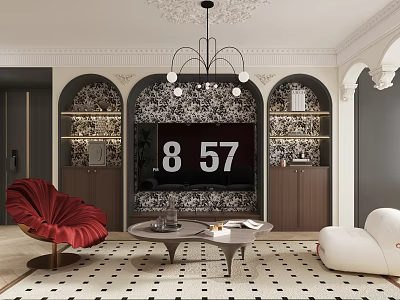 Modern Stylish Living Dining Room Interior Design With Red Chair White Sofa And Decorative Niches 3d model