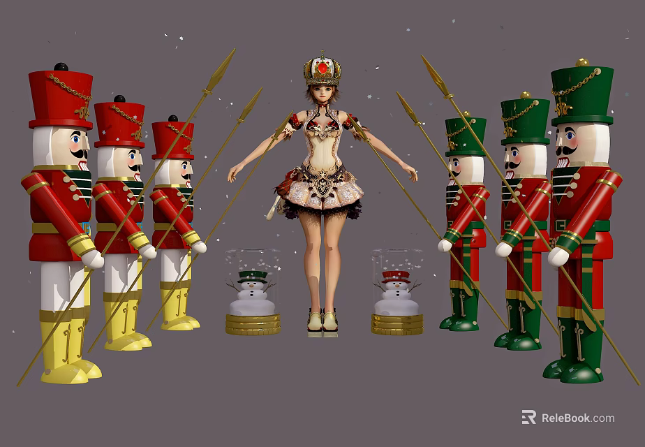 Central Decorative Doll With Ornate Costume Surrounded By Nutcracker Soldiers And Glass Dome Bases 3d model 
