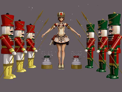 Central Decorative Doll With Ornate Costume Surrounded By Nutcracker Soldiers And Glass Dome Bases 3d model