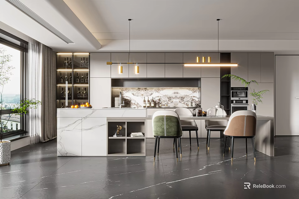 Elegant Modern Restaurant Open Kitchen with Marble Island Pendant Lights and Wine Cabinet 3d model 