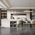 Elegant Modern Restaurant Open Kitchen with Marble Island Pendant Lights and Wine Cabinet