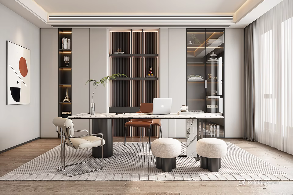Modern Minimalist Study Room Interior With Desk Laptop Bookshelves And Green Plants 3d model 
