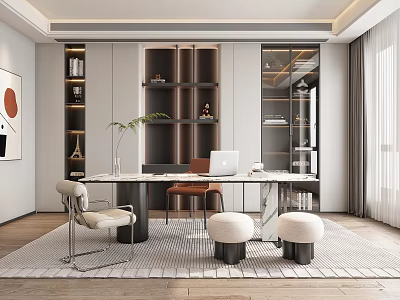 Modern Minimalist Study Room Interior With Desk Laptop Bookshelves And Green Plants 3d model
