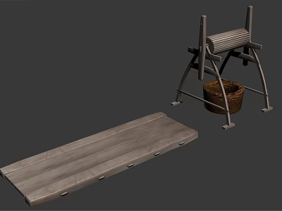 Charming Garden Accents Featuring Wooden Plank And Metal Stand Basket 3d model