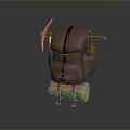 Practical Brown Backpack with Black Straps Tools Water Bottle and Rolled Sleeping Bag