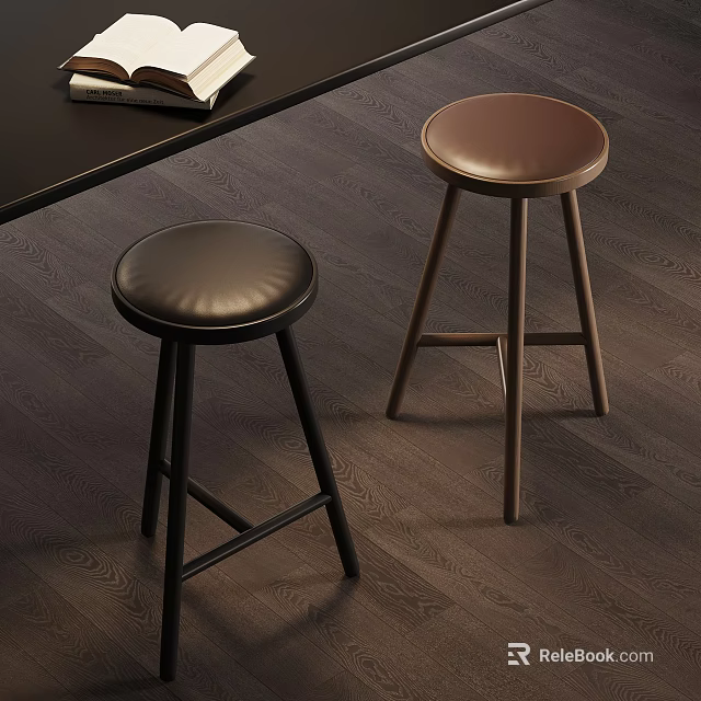 Stylish Black and Brown Bar Stools With Leather Seats And Wooden Legs In Modern Interior 3d model 