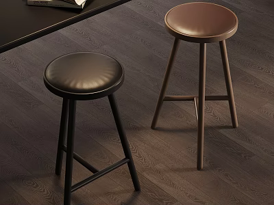 Stylish Black and Brown Bar Stools With Leather Seats And Wooden Legs In Modern Interior 3d model
