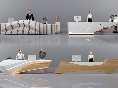 Modern Office Reception Desk Design With Wooden Wave Shape And White Countertop Surface 3d model