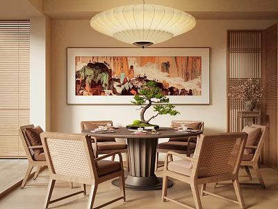 Private Dining Room Interior with Round Table Wooden Chairs Pendant Lamp and Landscape Painting 3d model