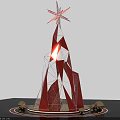 Geometric Red And Silver Art Installation With Star Topped Design And Golden Spheres Base