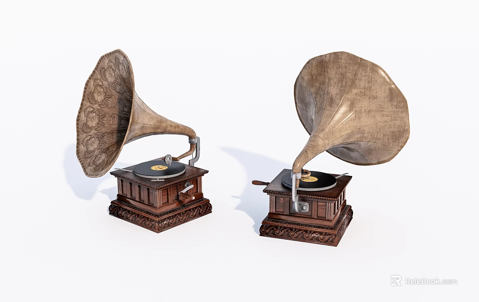 Vintage Gramophone Audio Speakers With Intricate Horn Design And Wooden Base Decor 3d model 