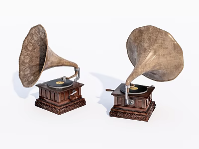 Vintage Gramophone Audio Speakers With Intricate Horn Design And Wooden Base Decor 3d model