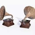 Vintage Gramophone Audio Speakers With Intricate Horn Design And Wooden Base Decor