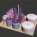 Industrial Facility Model With Blue Silver Storage Tanks Green Towers And Pipes