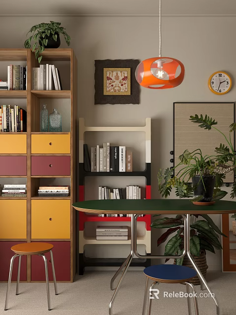 Colorful Storage Shelf Unit With Books Decorative Vases And Living Room Decor 3d model 