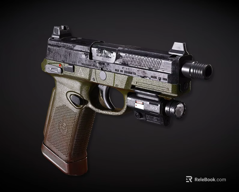 Tactical Pistol With Black Body Green Grip And Tactical Sight Suppressor Design 3d model 