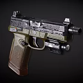Tactical Pistol With Black Body Green Grip And Tactical Sight Suppressor Design