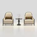 Beige Leisure Chairs Featuring Dark Patterned Cushions Dark Frame Round Side Table and Decorative Twig 3d model
