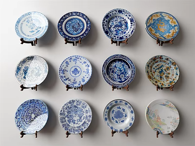 Decorative Plates Wall Display With Blue White And Colorful Patterns On Stands 3d model