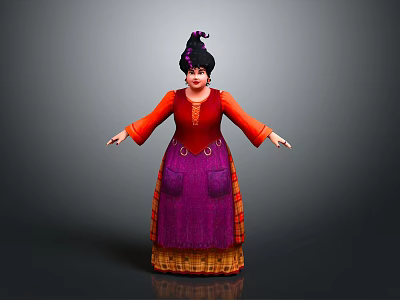 Game and Movie Character With Purple Hair Red Top Purple Layered Dress Arms Outstretched 3d model