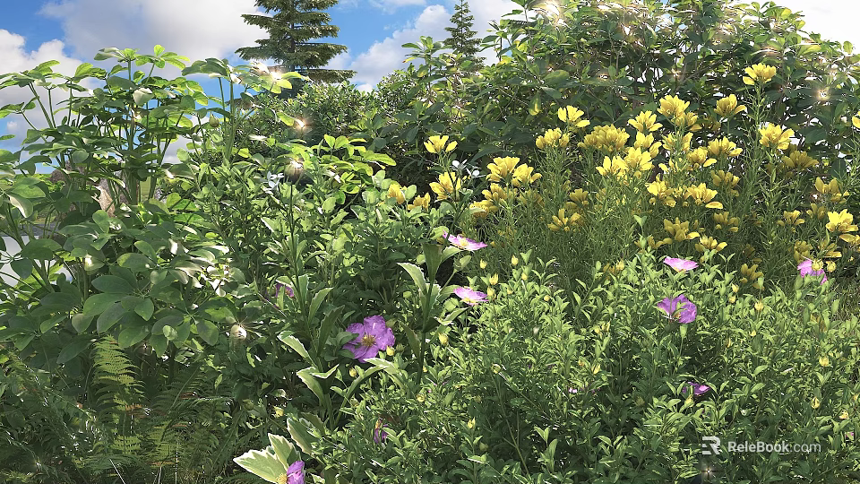 Lush Garden Shrubs With Yellow And Purple Flowers Under Sunlight In Natural Landscape 3d model 