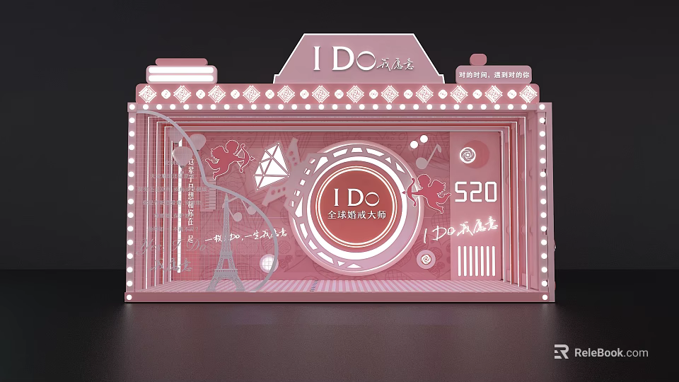 IDo Themed Pink Decorative Display With 520 Romantic Diamond Heart And Eiffel Tower 3d model 