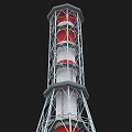 Tall Industrial Tower With Red And White Sections And Metal Support Framework