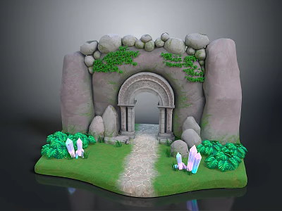 Scenic Stone Archway Surrounded by Rocks Green Vines and Pathway with Grass and Crystals 3d model