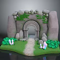 Scenic Stone Archway Surrounded by Rocks Green Vines and Pathway with Grass and Crystals