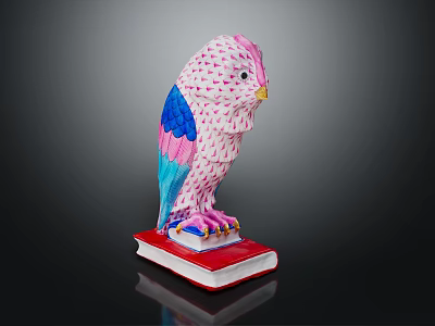 Decorative Owl Figurine With Pink Blue Woven Body Standing On A Red Hardcover Book 3d model