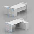 Modern Office Desk Design With White Cabinetry And Blue Accent Lighting Features