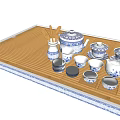 Traditional Blue and White Tea Set with Teapot Teacups Covered Bowl and Bamboo Tray