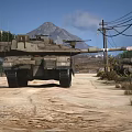 Military Tank Parked On Dirt Road With Trees And Distant Buildings