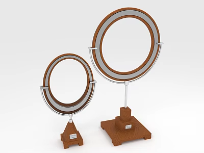 Two Decorative Round Tabletop Mirrors with Wooden Base and Metal Frame 3d model
