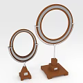 Two Decorative Round Tabletop Mirrors with Wooden Base and Metal Frame